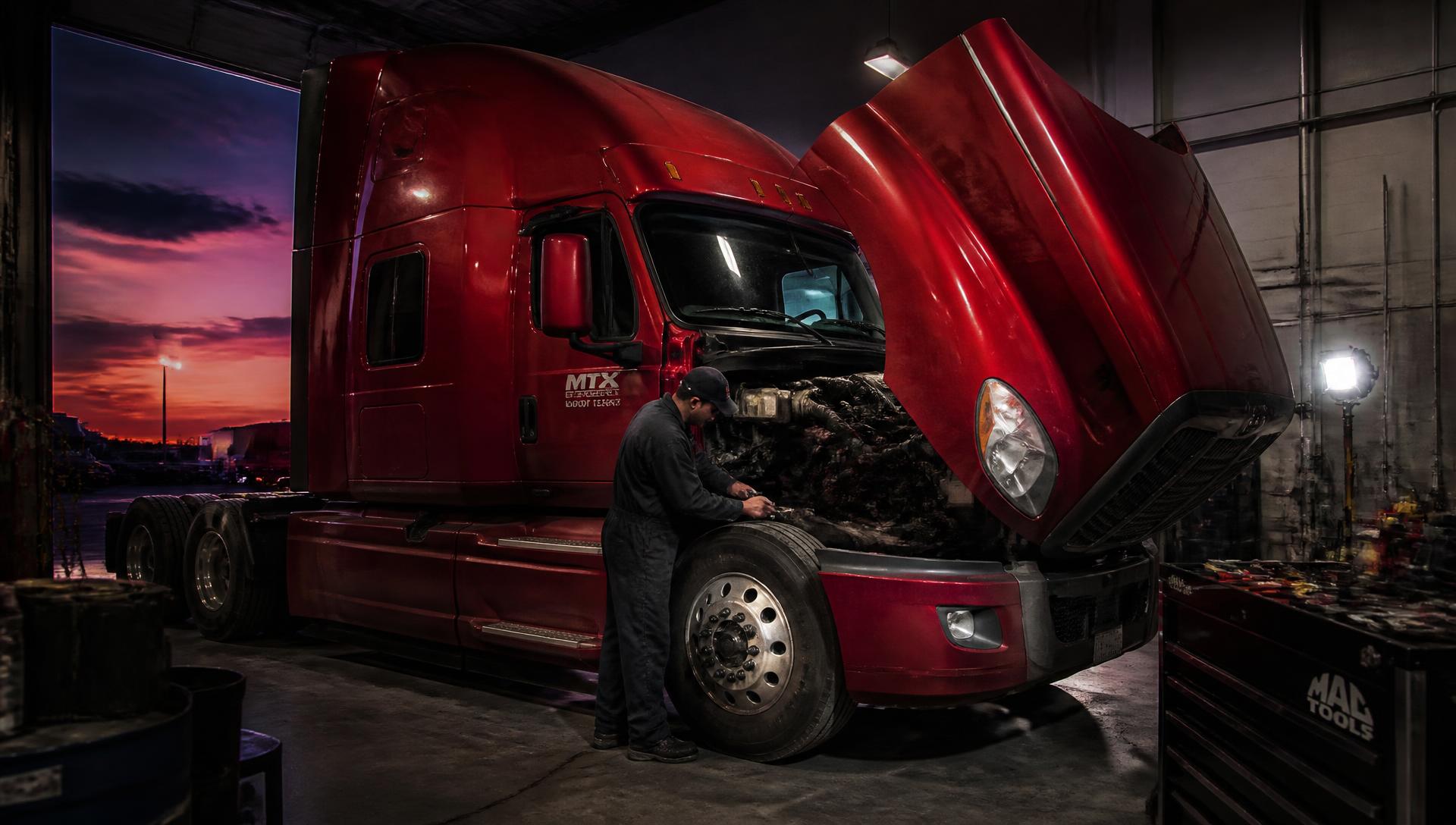 Heavy-duty semi truck in a truck repair shop bay being serviced by a diesel technician