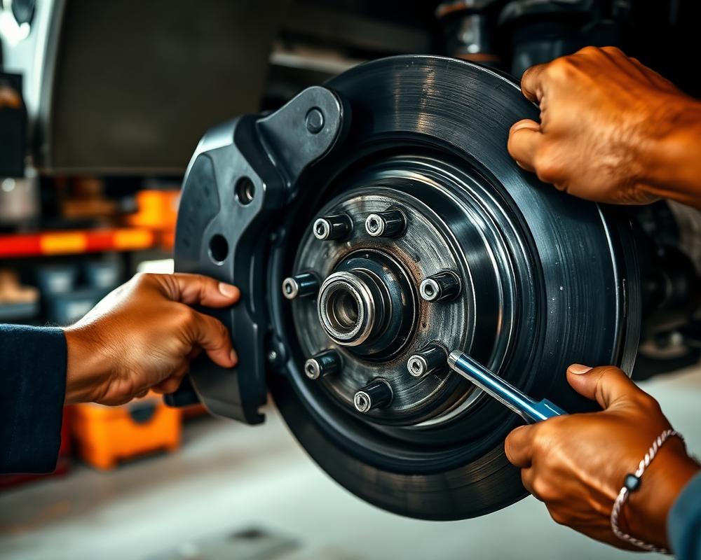 Technician servicing a truck brake and hub assembly